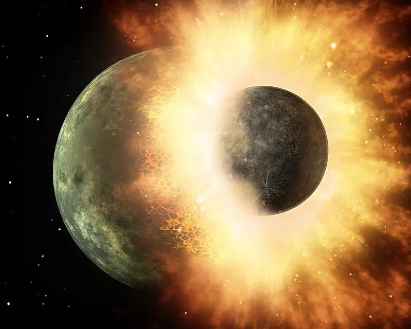 An artistic depiction of the impact of the proposed planet Theia hitting the Earth around 4.5 billion years ago.