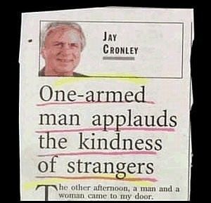Headline: "One-armed man applauds the kindness of strangers". 