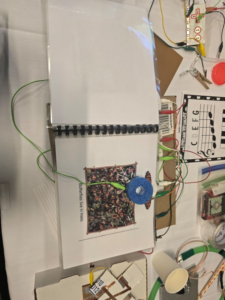 Picture of the adaptive book with the switch on top of the image showing how it reads aloud to the student with the use of makey makey.