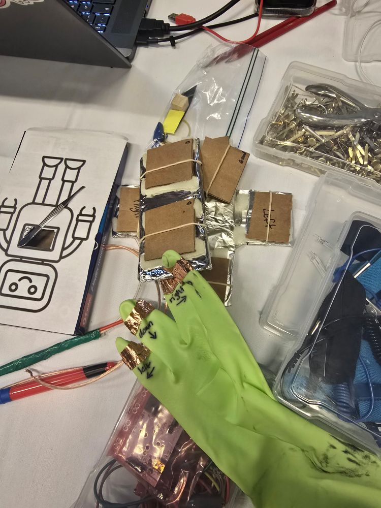 This is more complicated switch made for the use of a remote control for students. The glove is an actual hand switch made for students can simply touch their fingers together to make it go left right up or down.