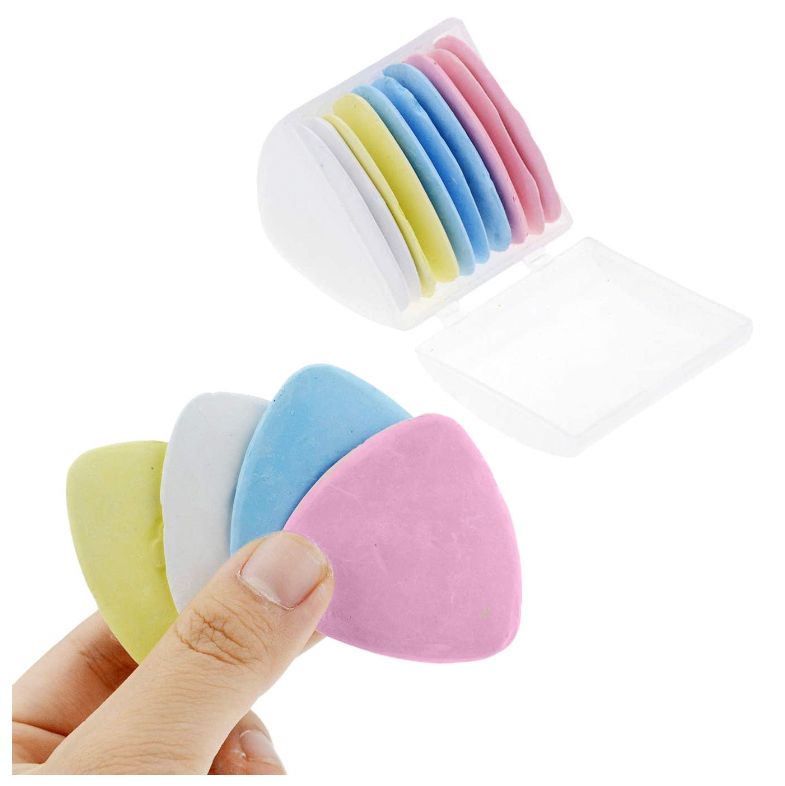 Seller’s image of rounded triangle tailor’s chalk, in yellow, white, blue, and pink. They look extremely edible. 