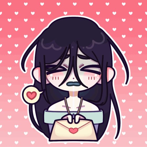 Elm, To The Wayside's protagonist, is all flustered and blushing as they hand you a letter marked with a heart. To the left of them is a speech bubble with a heart in it, indicating that this is a profession of affection. The background is a pink gradient with a pattern of little white hearts.