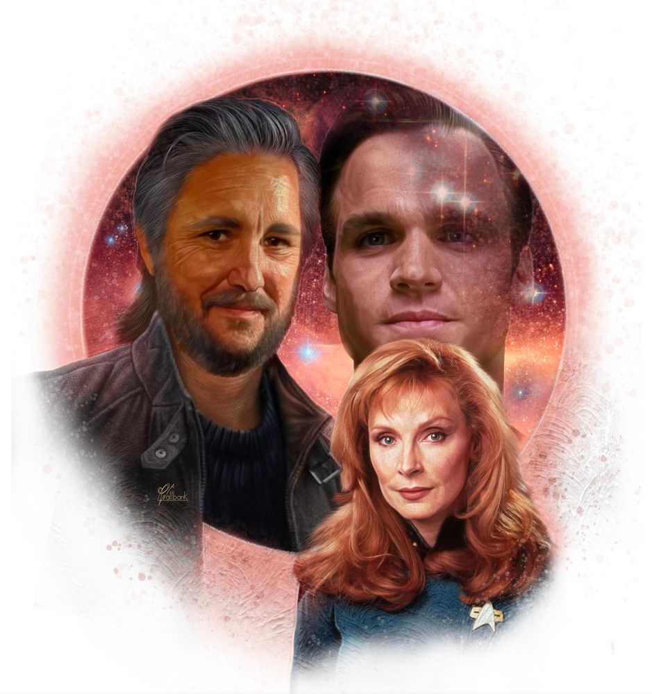 Illustration by Pete Wallbank - Key art for short story “Family History” by David Mack, in Star Trek Explorer magazine Issue 14.

Image shows anaged Traveler Wesley Crusher alongside spectral images of his parents, Lieutenant Commander Jack Crusher and Doctor Beverly Crusher, when they were in the youthful primes of their lives.