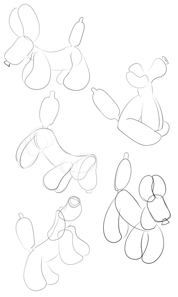 five different balloon dog sketches in various poses and styles