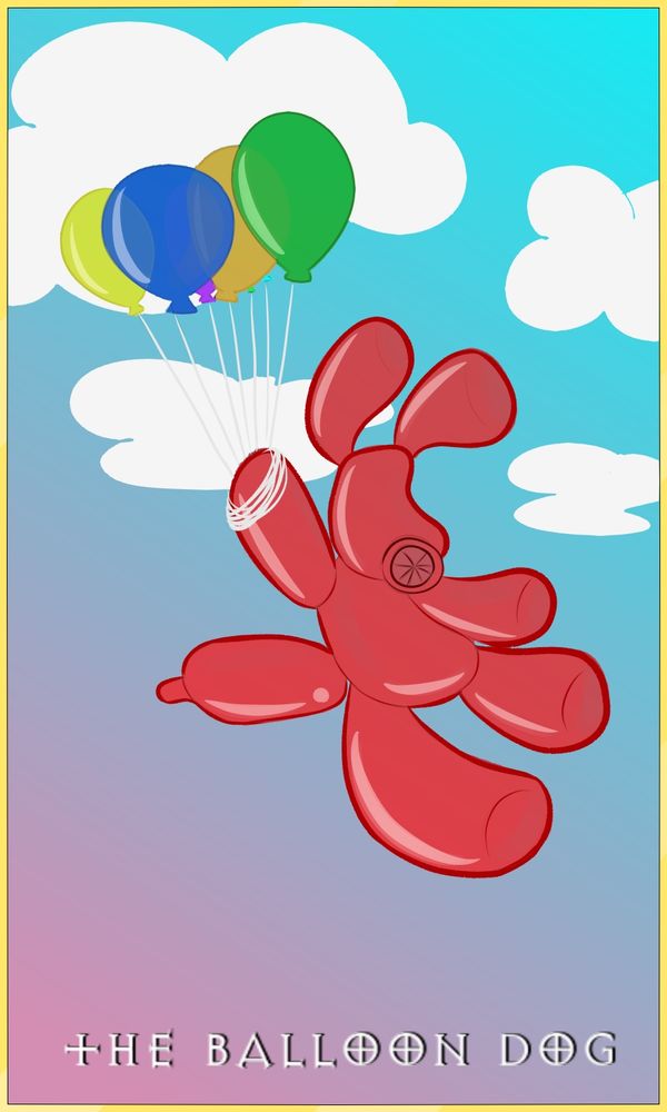 the balloon dog major barkana card; a depiction of a red balloon dog floating through the sunrise, hitching a ride on a bundle of balloons