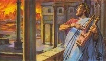 A painting of Emperor Nero playing the harp or lyre while Rome burns in the background