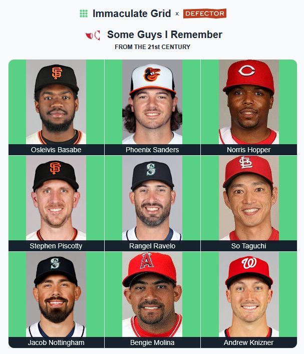 Immaculate Grid x Defector "Some Guys I Remember"
Osleivis Basabe, Phoenix Sanders, Norris Hopper, Stephen Piscotty, Rangel Ravelo, So Taguchi, Jacob Nottingham, Bengie Molina, Andrew Knizner