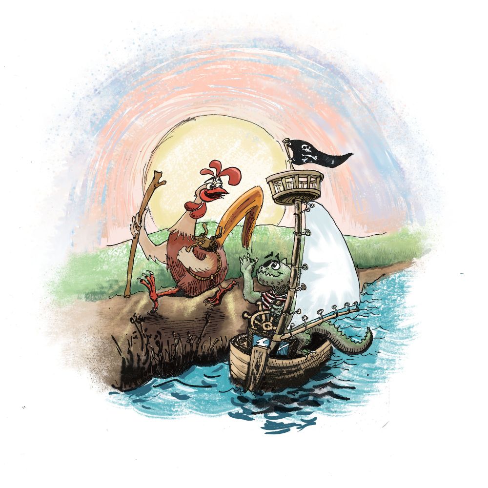 Illustration of a cartoon rooster vagabond meeting pirate iguana.