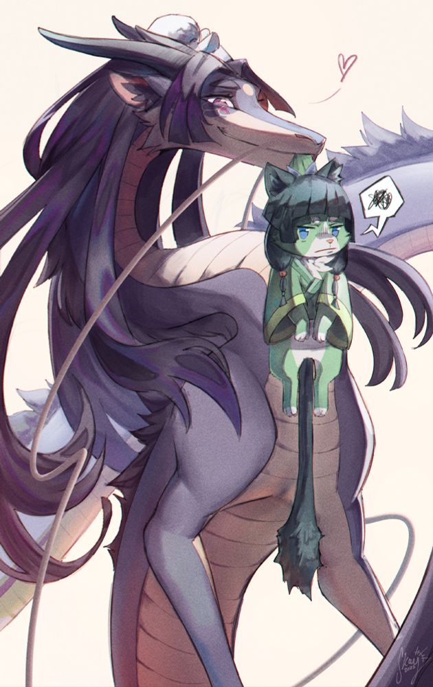 Jinshi as a dragon, carrying cat Maomao in his mouth with a soft playful smile. Cat Maomao feels grumpy about it :)

I LOVE THIS ANIME AND I LOVE THESE TWO HEEEeeeeelp