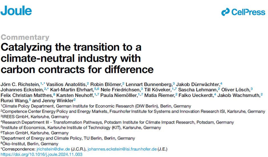 Screenshot of the title page of the commentary.

Title
Catalyzing the transition to a climate-neutral industry with carbon contracts for difference

Authors
Jörn C. Richstein
Vasilios Anatolitis
Robin Blömer
Lennart Bunnenberg
Jakob Dürrwächter 
Johannes Eckstein
Karl-Martin Ehrhart
Nele Friedrichsen
Till Köveker
Sascha Lehmann
Oliver Lösch
Felix Christian Matthes
Karsten Neuhoff
Paula Niemölller
Matia Riemer
Falko Ueckerdt
Jakob Wachsmuth
Runxi Wang
Jenny Winkler