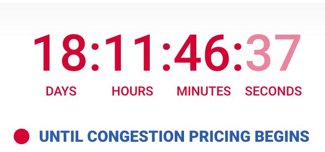 screenshot of NY1's congestion pricing countdown showing 18 days, 11 hours, 46 minutes and 37 seconds until congestion pricing begins. 