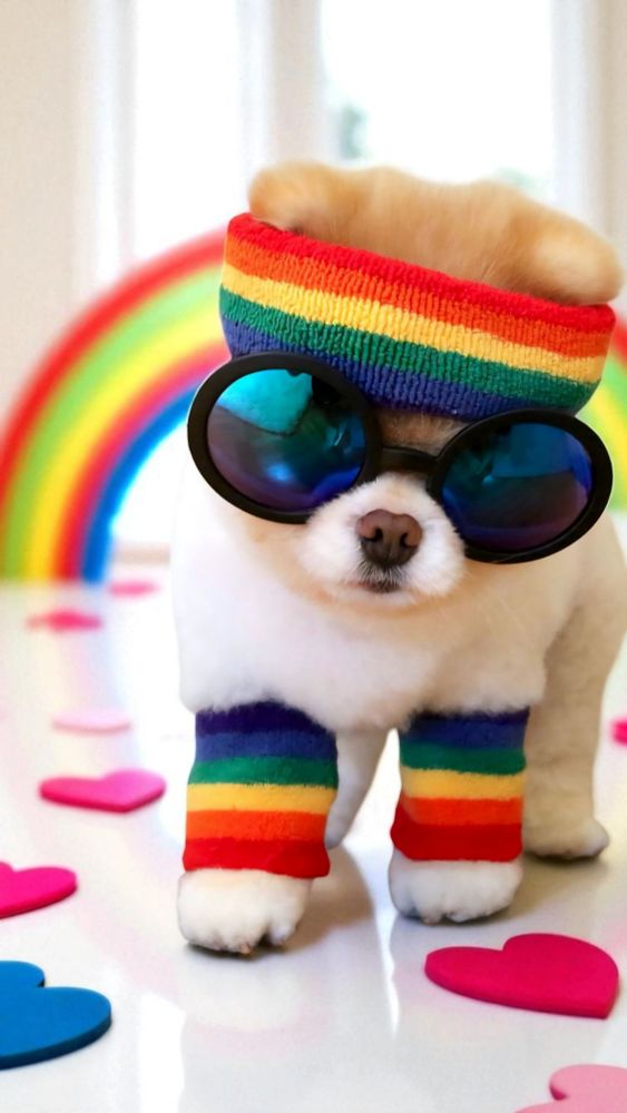 Little dog with sunglasses and rainbow coloured head and paw bands
