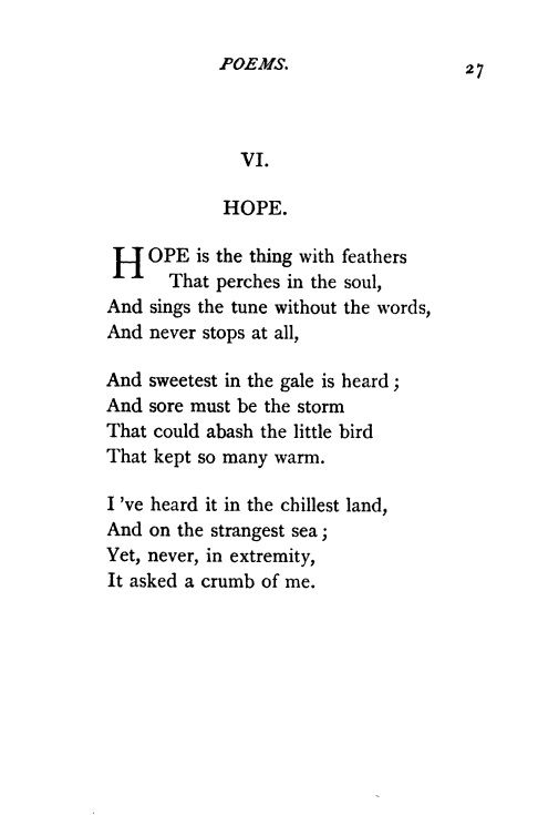 A poem by Emily Dickinson:

Hope is the thing with feathers
That perches in the soul, 
And sings the tune without the words,
And never stops at all,

And sweetest in the gale is heard ;
And sore must be the storm
That could awash the little bird
That kept so many warm.

I've heard it in the chillest land,
And on the strangest sea ; 
Yet, never, in extremity,
It asked a crumb of me.
