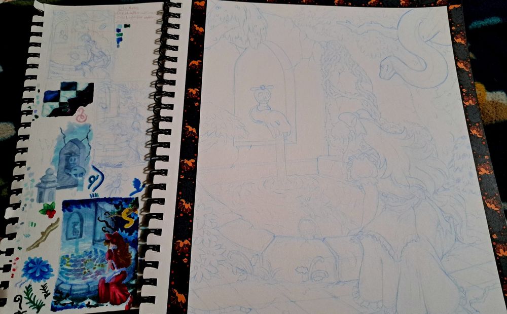 A sketch drawn in light blue colored pencil, next to several smaller sketches in pencil and alcohol marker. A young woman sits at the edge of a well, leaning over to look at her reflection in the water. A snake looms in the foreground out of the woman's sight.