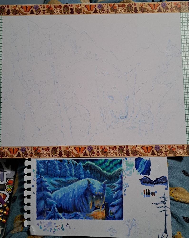 A full sized sketch of the previous idea, drawn in light blue pencil. I apologize that its not super visible.
