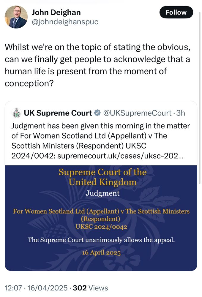 Crap of SPUC Retweeting the Supreme Court ruling with “Whilst we're on the topic of stating the obvious, can we finally get people to acknowledge that a human life is present from the moment of conception?”