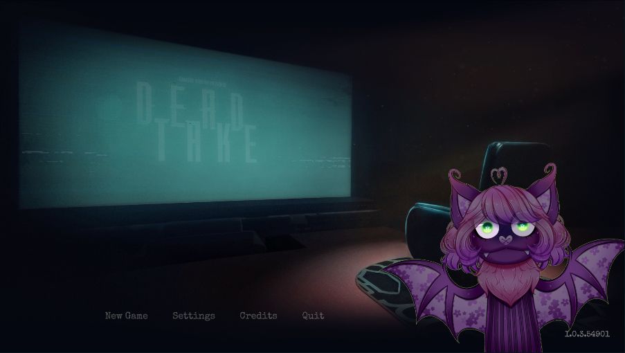Home screen for the game Dead Take, showing a monitor with static and the title of the game on the screen, and a chair ominously lit. The chair is obscured by a scared looking bat sock puppet vtuber