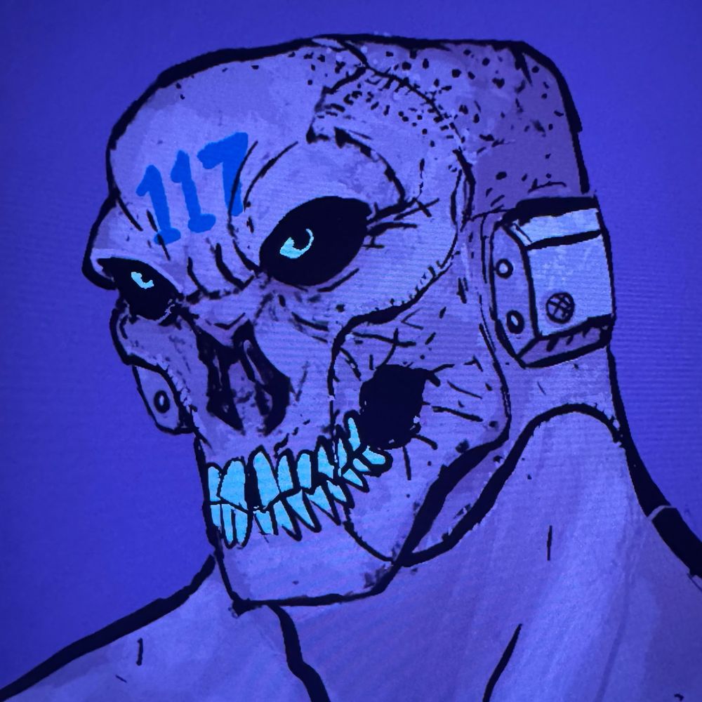 digital headshot of an unmasked master chief from the Halo series. Sweeping surgical scars frame a cracked, leathery, skeletal face. Ears have been replaced with mechanical substitutes to better interface with his helmet. Lips and nose lost to combat and lowest-bidder off-world surgeries. His serial number, '117' is stamped into his forehead above sunken, calculating eyes.