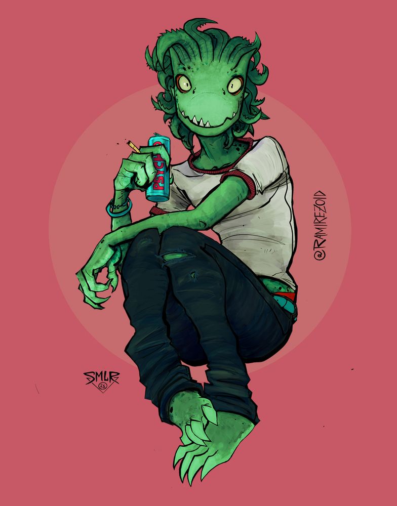Marco San Marcos sits framed in a faint pink circle against a salmon colored background. He's a vibrant green reptilian humanoid with curved aloe leaves for hair. Marco's got pointy claws, a toothy underbitten smile on his face, and both a joint and a 12oz can in his right hand. Its label reads 'PSYCHO'. Marco is wearing a white tee with red rings at the collar and arm holes. It rides up his stomach, revealing the bright red band of his underwear. His right wrist is adorned with a cyan bangle and bracelet, matching his belt, which holds up a worn pair of dark indigo jeans torn open at the left knee.