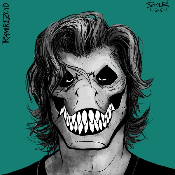 A digital illustration of RAMIREZOID in the format of a passport photo, monochrome subject on a teal/aquamarine background. A quasi-reptilian humanoid with deep black eyesockets, shaggy hair, snout punched with 4 nostrils in an "X" shape, a thick neck, and jaws fully loaded with sharp saurian teeth. 