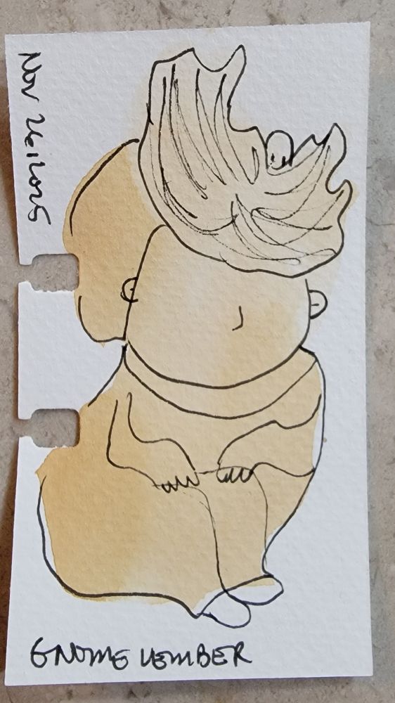 A little bearded guy looking up, you see the bottom of his beard and his neck. He has his hands on his knees, in a sitting position.  