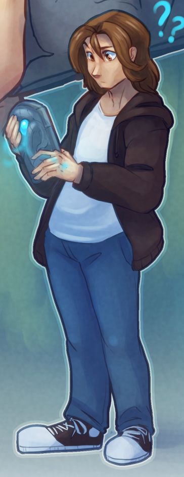 A 20 year old male with long brown hair, a white shirt, blue jeans and converse style sneakers holding a glowing statue. 