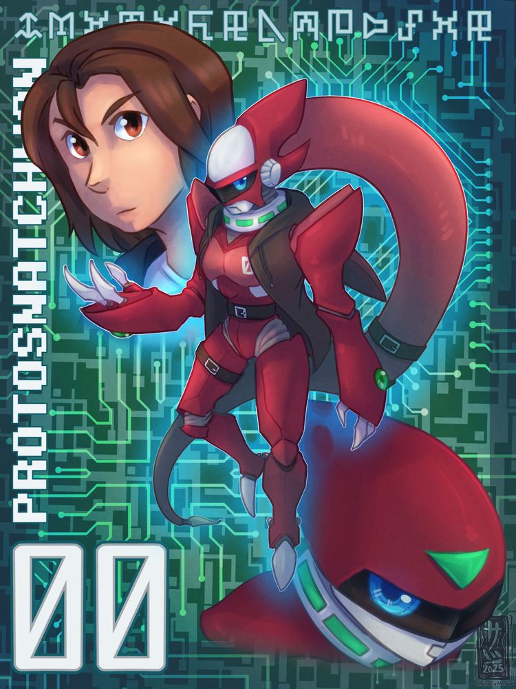 A composition featuring a human head, a digimon head and a digimon in the center, featuring a red recoloring of the digimon Snatchmon. 