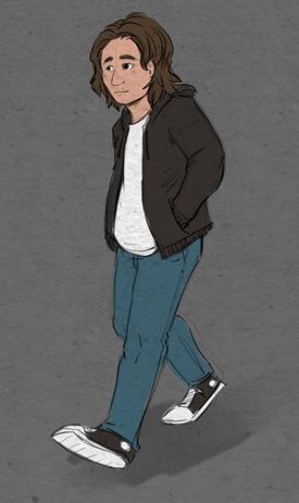 A 20 year old male with long brown hair, a white shirt, blue jeans and converse style sneakers. 
