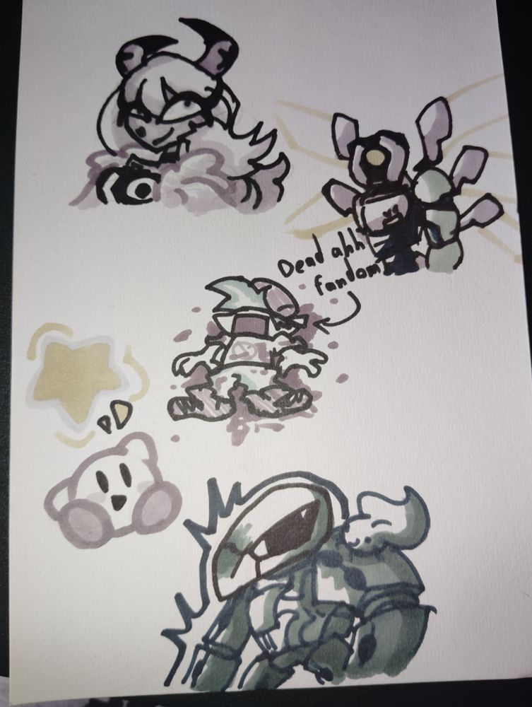 Verosika Mayday (Helluva Boss)
V2 (Ultrakill)
Boyfriend (Friday Night Funkin)
Kirby (Duh)
Onion Jr with another OC of mine