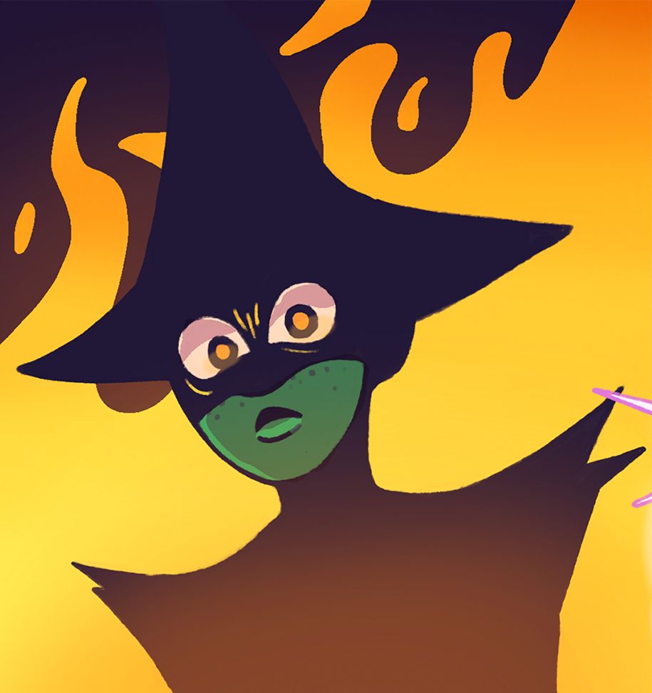 rascunho colorido de uma animação da Elphaba de Wicked cercada de chamas