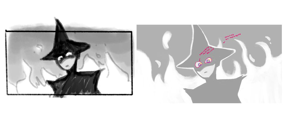 thumbnail e rascunho em preto e branco de uma animação da Elphaba de Wicked cercada de chamas