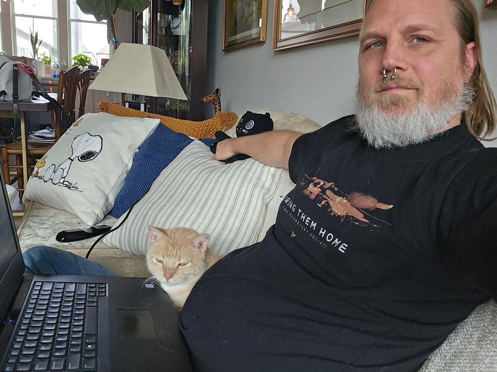 Mayor the orange cat sitting on the corner of my laptop next to me on the couch.