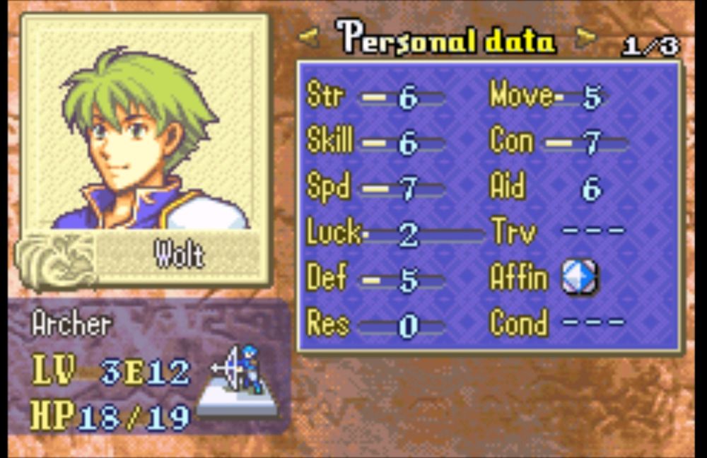 A screenshot of the status screen from Fire Emblem 6 showing the character Wolt 