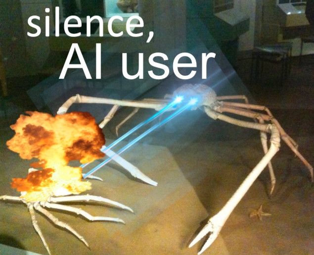 An image of two crabs, one large and one smaller, the larger one shooting beams from its eyes at the smaller one, the text says: "Silence, AI user"