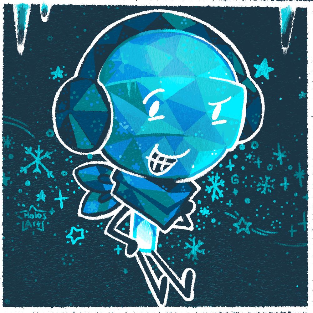 An object show styled character, a blue lolipop wearing a dark blue scarf and ear muffs. They're smiling at the viewer.