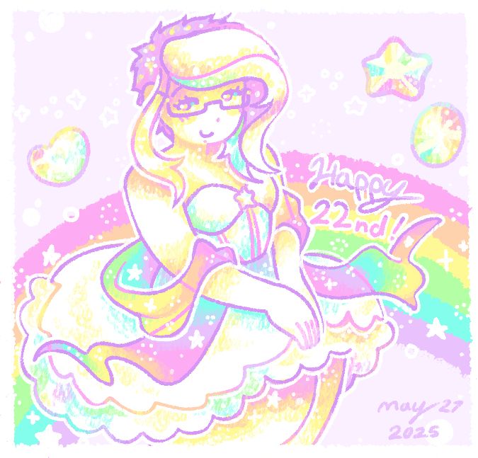 A brightly colored pastel digital drawing of a feminine figure, representing the artist themself, sitting in front of a rainbow. They are smiling. They wear glasses, and a short white sleeveless dress with many ruffles. Around their arms is a sheer rainbow scarf. The entire piece is covered in drawn in sparkles, stars and glitter. Text in the image reads: "Happy 22nd!" "May 27 2025"