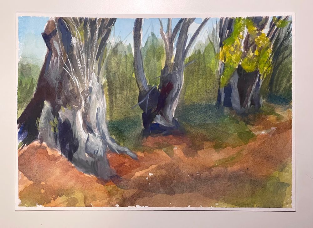 A messed-up gouache painting of three trees in a park. 