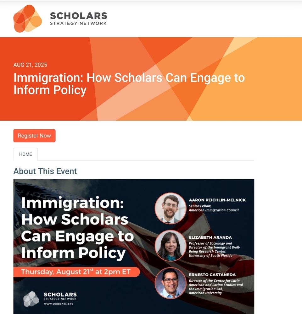 Flyer to register to Scholars briefing on informing immigration discussions based on research.