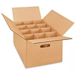 A photo of a glass-pack box for shipping. It's a double walled box with individual cells inside for storing fragile objects.