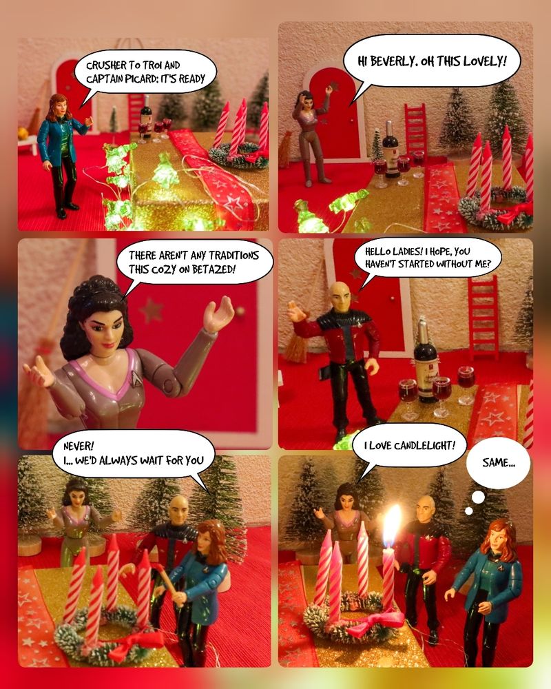 MiniBeverly MiniTroi and MiniPicard celebrate the 1st advent by lightning 1 candle on the Advent Wreath