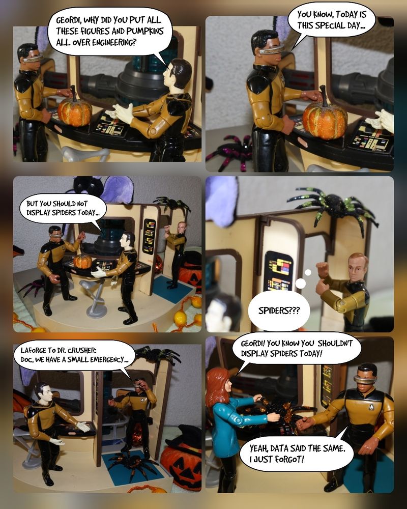 Comic of Reginald Barclay turning into SpiderReg on Halloween 
