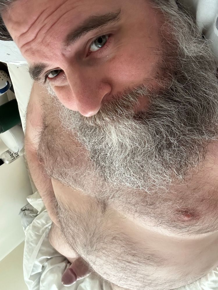 Me lying naked in bed, looking from my grey-bearded face across my hairy chest and belly to my hard fat cock