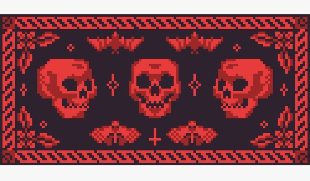 A cross stitch sampler inspired design depicting three skulls, two bats and two moths