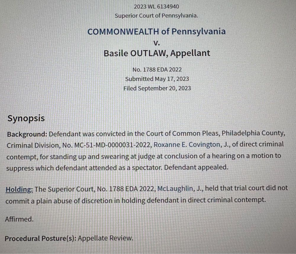 A Westlaw synopsis of the case Pennsylvania v. Outlaw, in which a person named Basile Outlaw was convicted of criminal contempt of court for swearing at a judge while attending court as a spectator