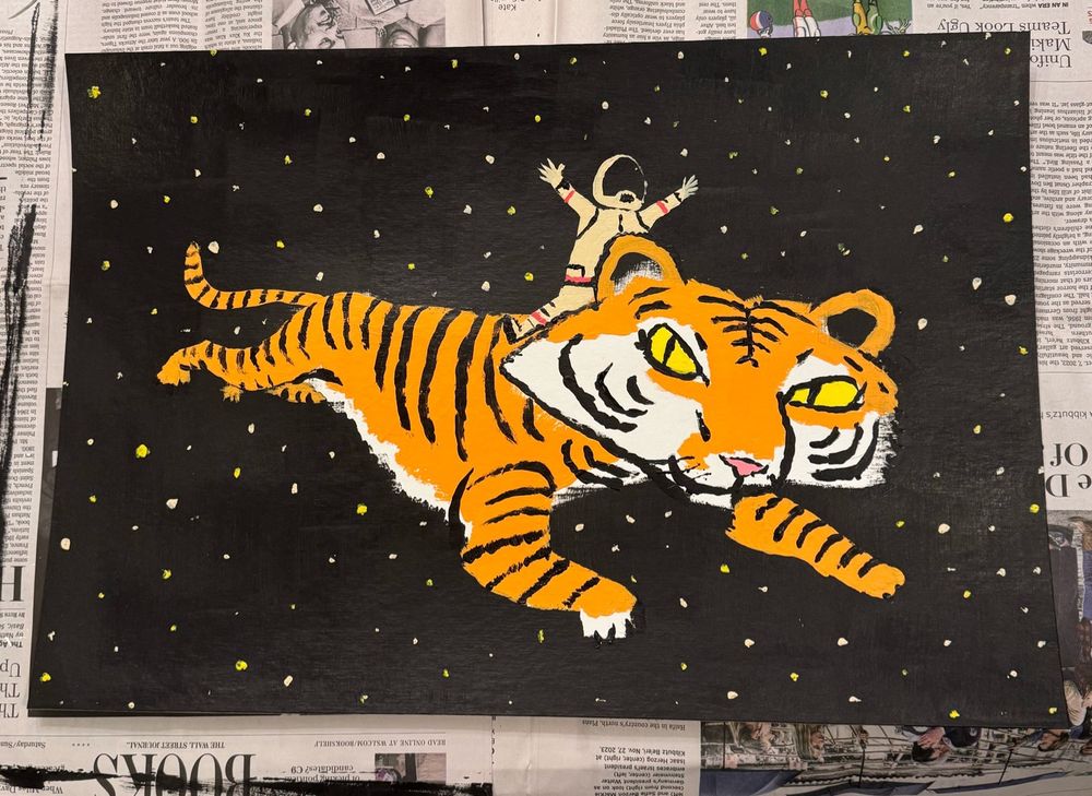 Painting of a child astronaut riding a tiger through space 
