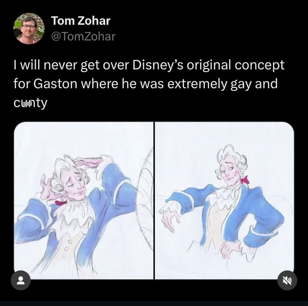 A screen shot of a post that reads “I will never get over Disney’s original concept for Gaston where he was extremely gay and cunty”. It’s accompanied by two illustrations that look remarkably like Stede Bonnet. 