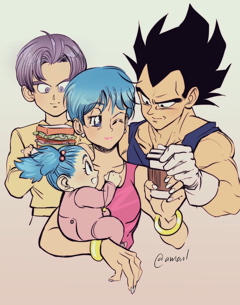 Dragon Ball Artwork- Bulma looks tired after a long day at work but her family is there to support her- Trunks is giving her a sandwich, Vegeta a cup of coffee and Bulla is playing with her necklace.