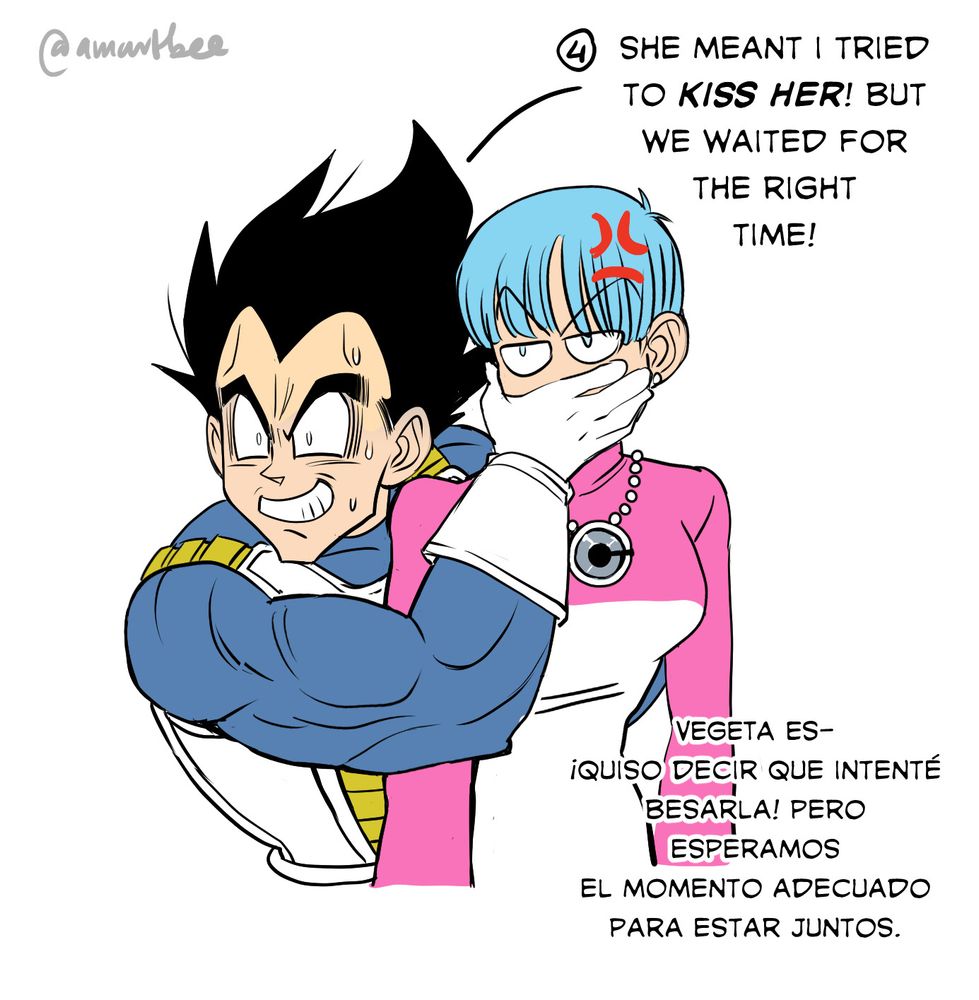 Vegeta covers Bulma’s mouth to cover his version of the truth. Vegeta cubre la boca de Vegeta con su versión de la verdad. 

En- Vegeta- She meant I tried to kiss her! But we waited for the right time! 
Es- Vegeta- ¡Quiso decir que intenté besarla! Pero esperamos el momento adecuado para estar juntos. 