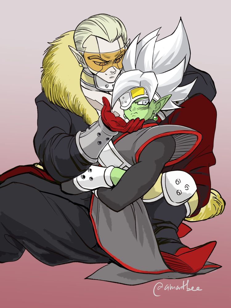 Hearts and Zamasu are sitting together. Hearts is trying to reach his hand to Zamasu’s chin while Zamasu is looking at the side blushing. 
