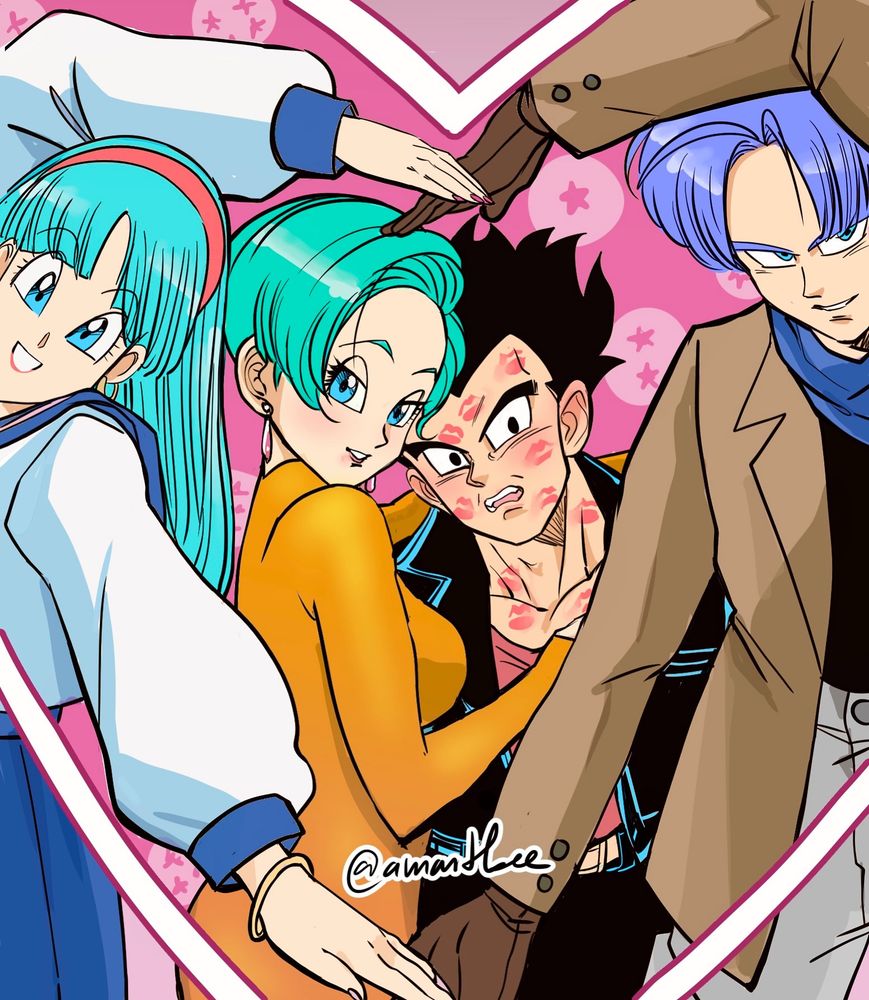 Bulla and Trunks are doing a heart shaped pose. Inside it’s Bulma and Vegeta, together. Vegeta is covered in kisses. 